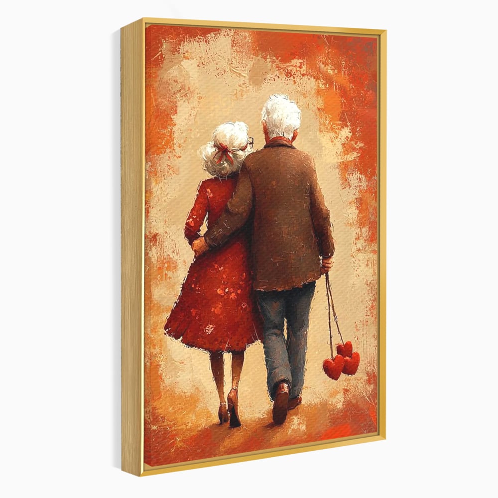 Tablou canvas cu pictura cu un cuplu in varsta imbratisat, in rama de aluminiu auriu